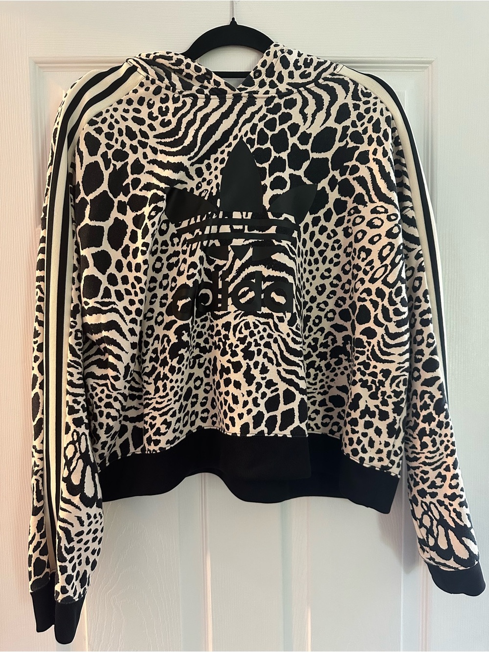 Adidas Originals Women's Leopard Print Cropped Hooded Sweatshirt - Black & Cream - Picture 2 of 7